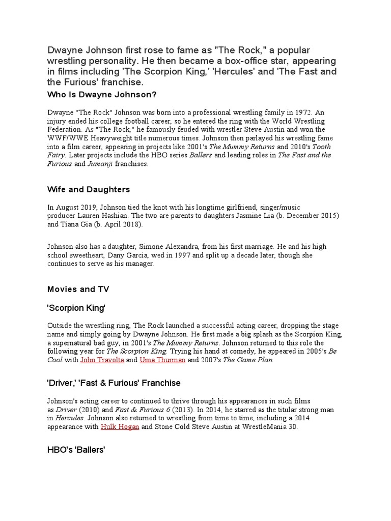 Dwayne Johnson Biography PDF Professional Wrestling Wwe