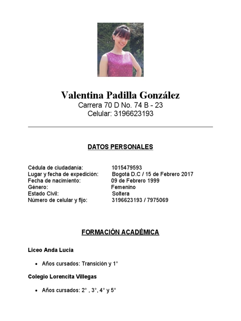Hoja de Vida Valentina | PDF | Business