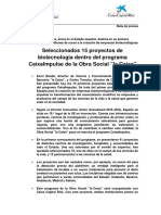 Nota de Prensa de Los 15 Proyectos de Biotecnologia Seleccionados Dentro Del Programa Caixaimpulse PDF