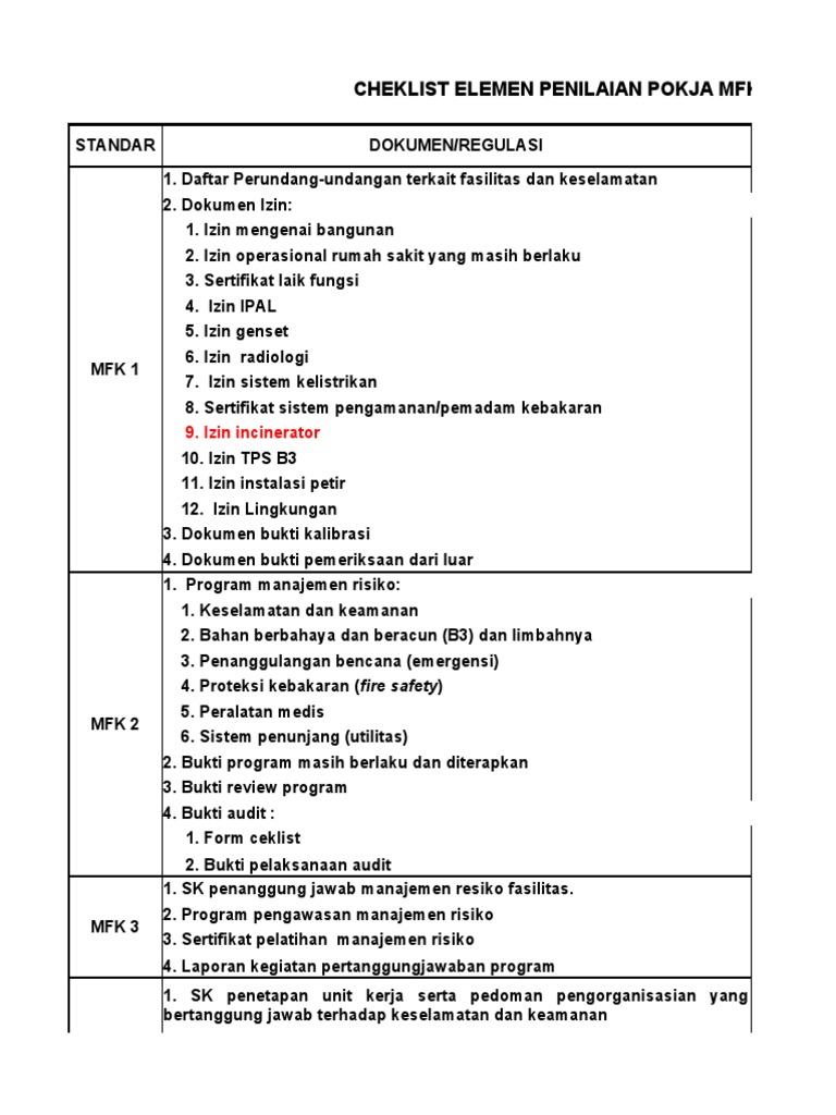 Cheklist Penilaian MFK Fasilitas Kesehatan | PDF
