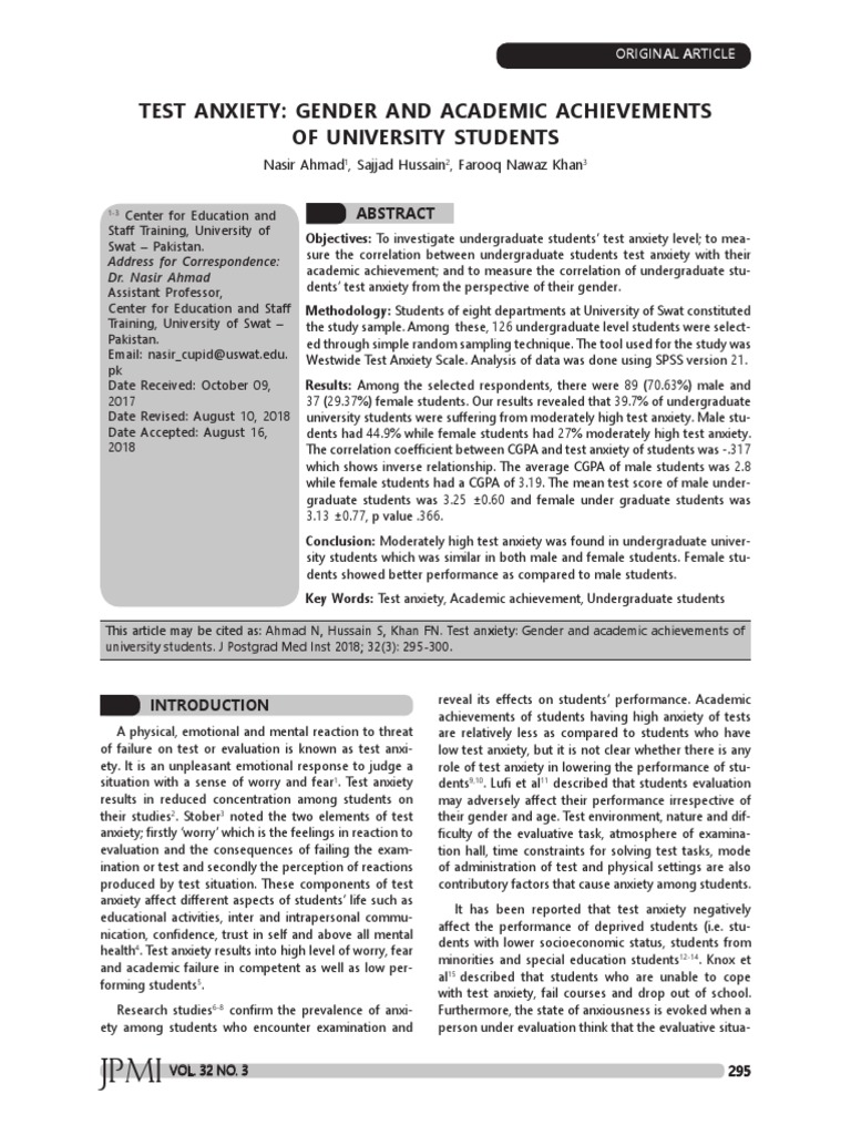 Test Anxiety Gender and Academic Achievements PDF PDF Anxiety