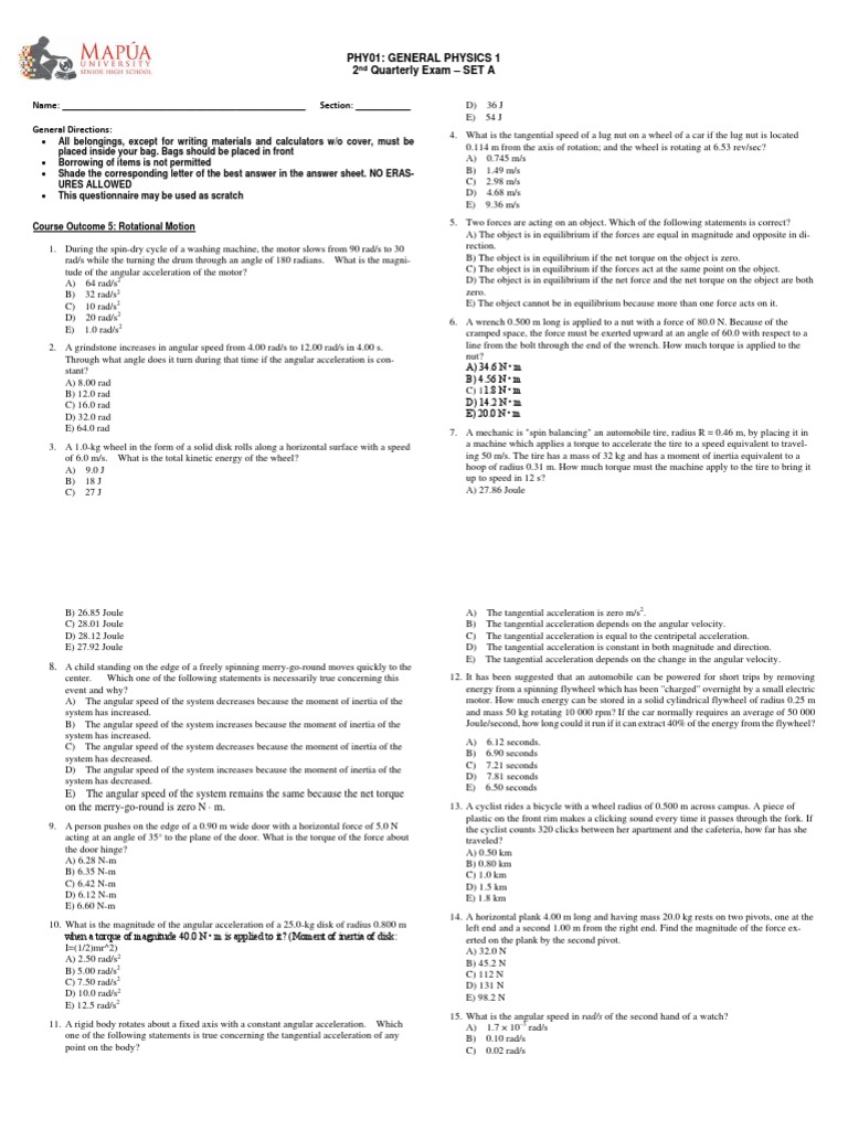 PHY01 Q2 Exam Set A PDF PDF Torque Collision