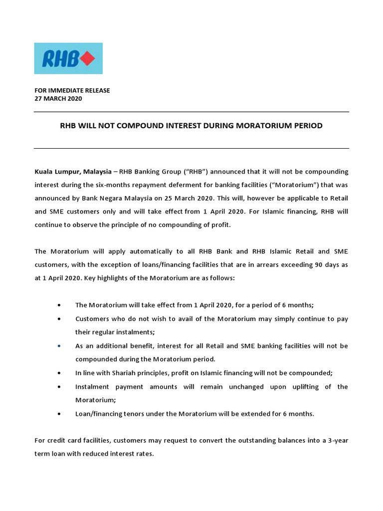 Rhb Press Release Rhb Will Not Compound Interest During Moratorium Pdf Pdf Money Banking