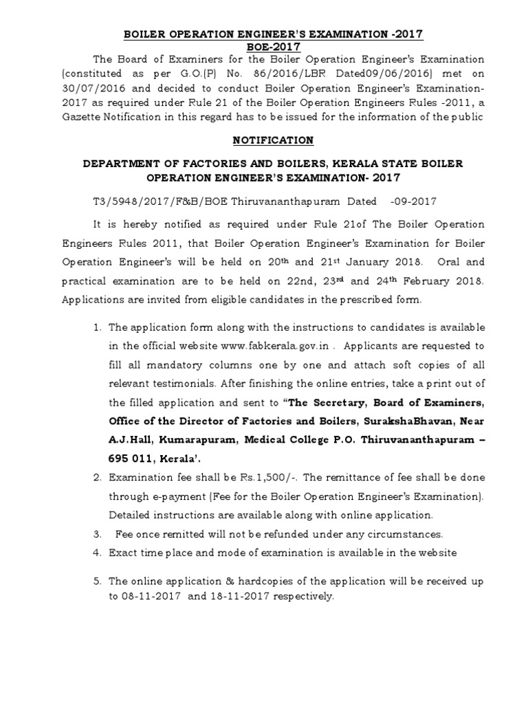Kerala BOE2017 Announcement PDF Steam Power Boiler
