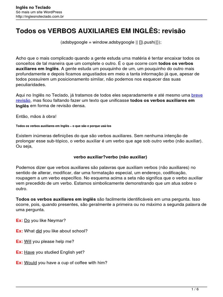 Todos Os Verbos Auxiliares em Ingles Revisao | PDF | Língua inglesa ...