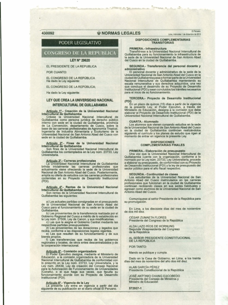 Ley #29620 Que Crea La Universidad Nacional Intercultural de ...