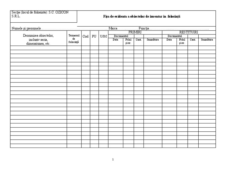 Fisa de Evidenta A Obiectelor de Inventar FORMULAR CU 2 PAGINI | PDF