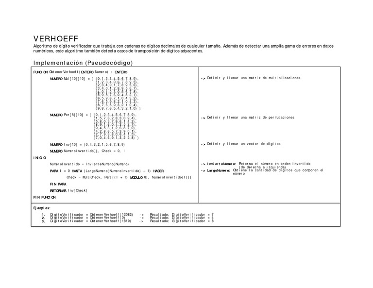 Algoritmo Verhoeff para Verificación Numérica | PDF | Algoritmos ...