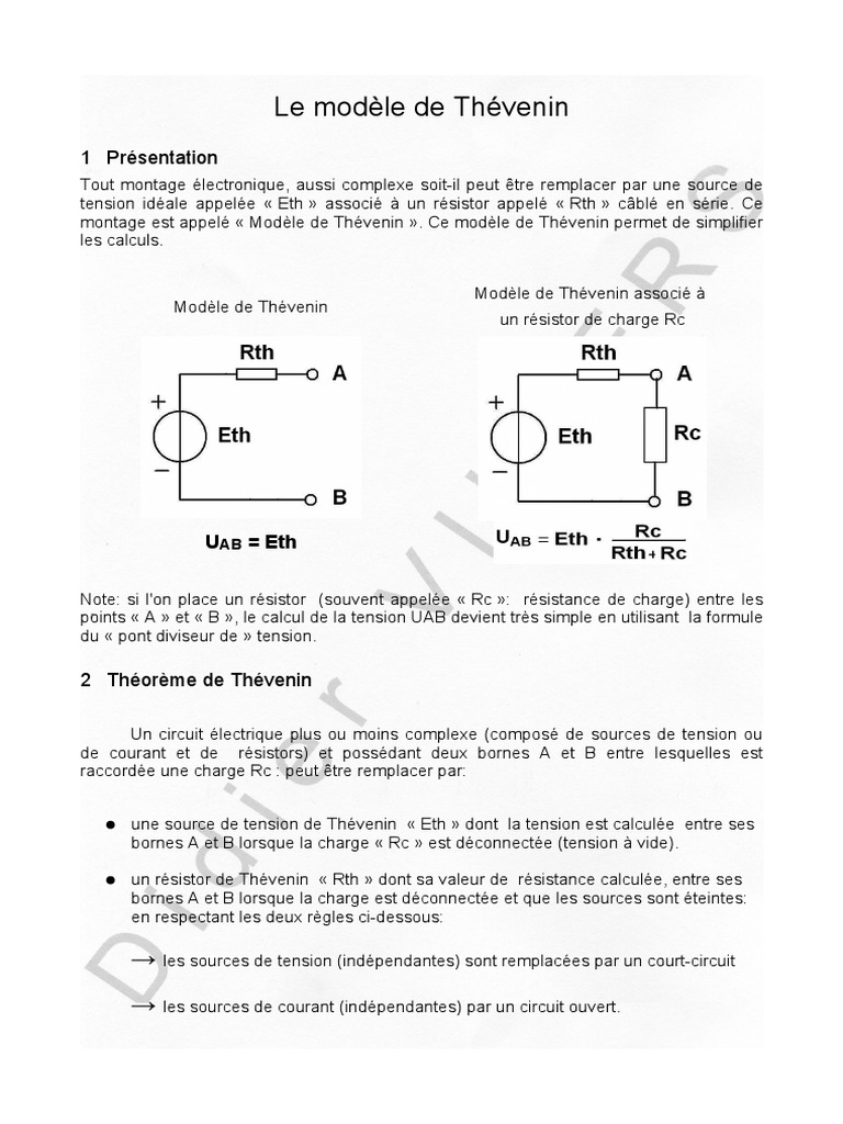 Modèle et Théorème de Thévenin PDF Tension électrique Résistance — free download