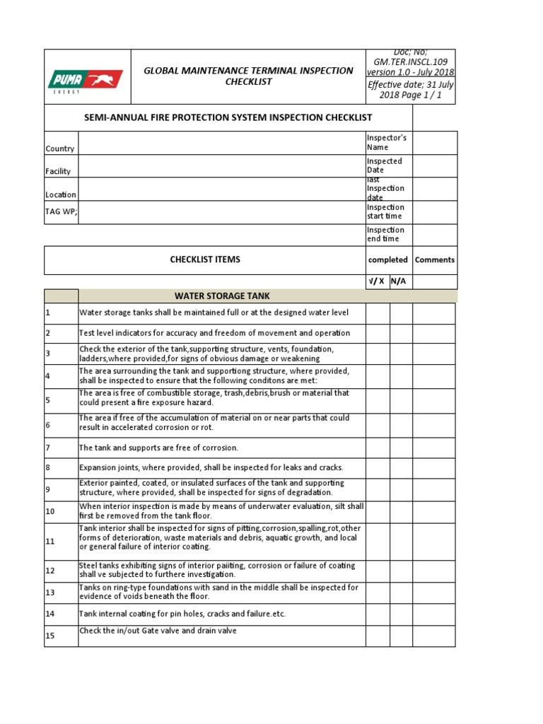 Fire Water Tank Inspection Checklist | PDF | Corrosion | Building ...