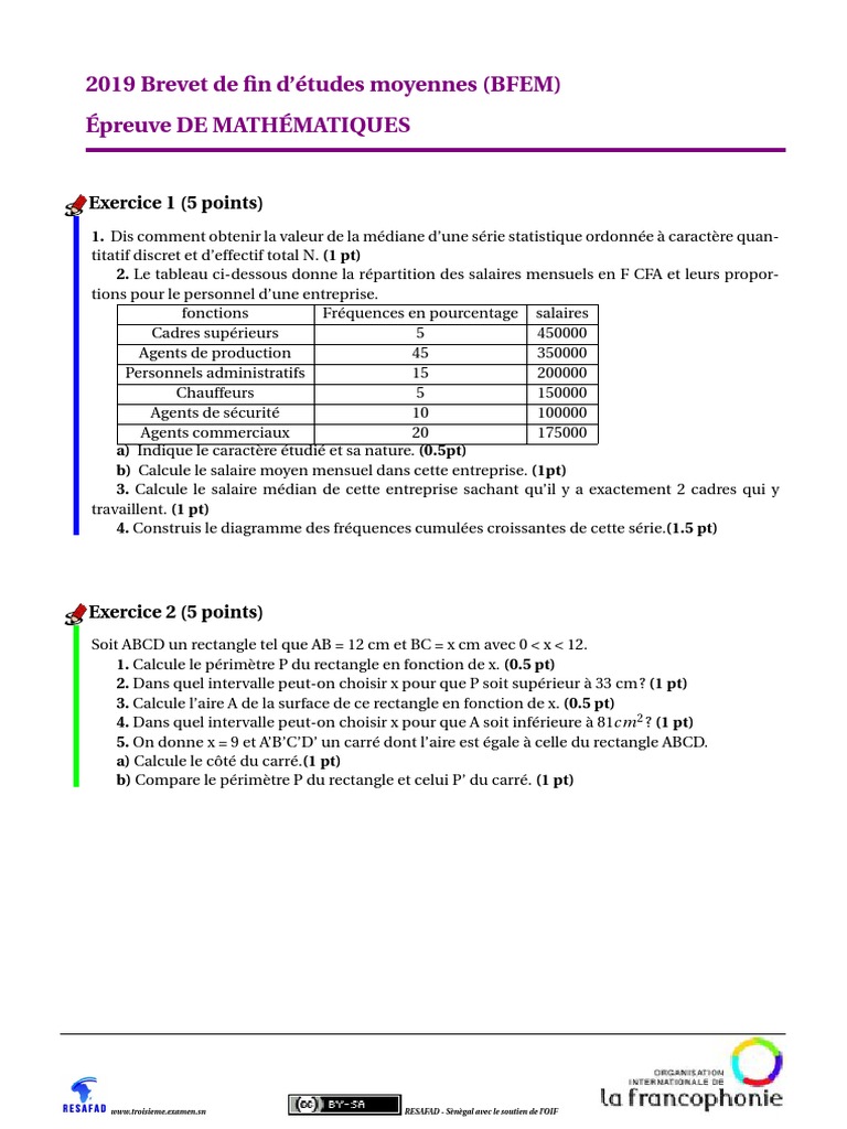 Épreuve de Mathématiques BFEM 2019 | PDF | Triangle | Géométrie euclidienne