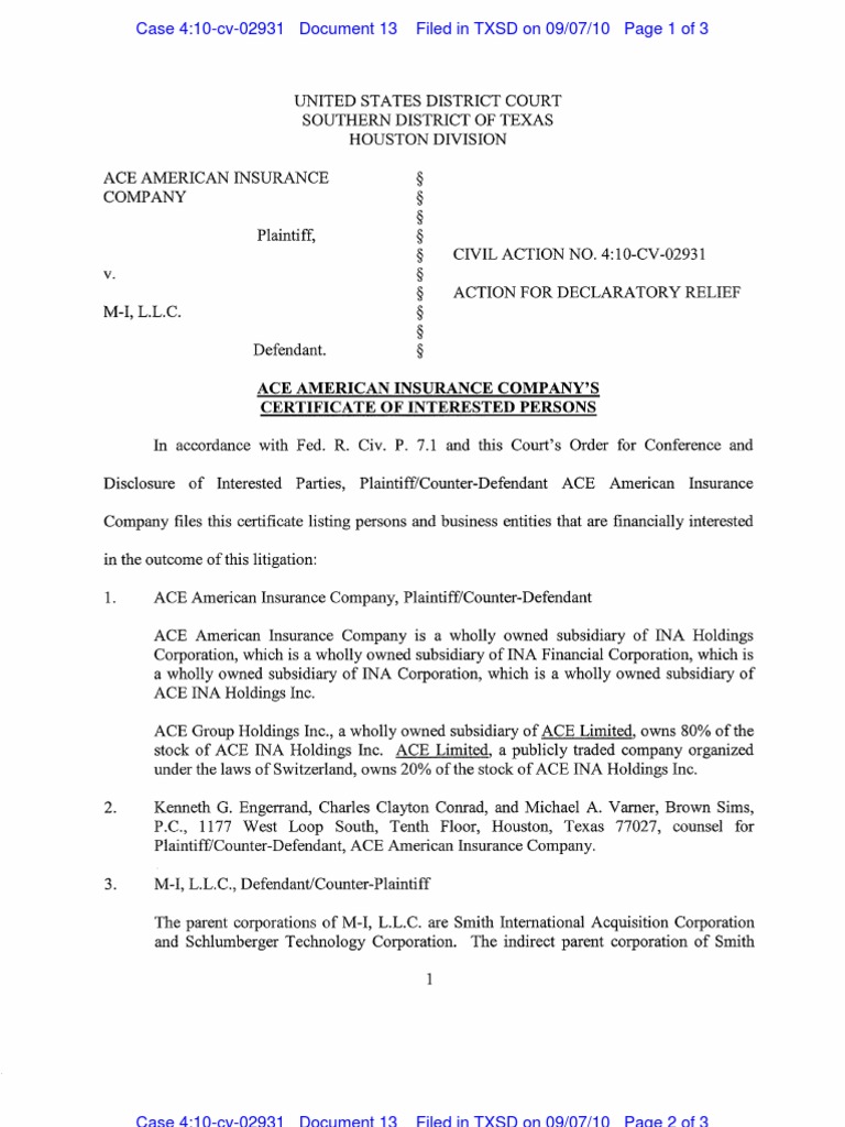 ACE AMERICAN INSURANCE COMPANY v. MI, L.L.C. ACE Certificate of