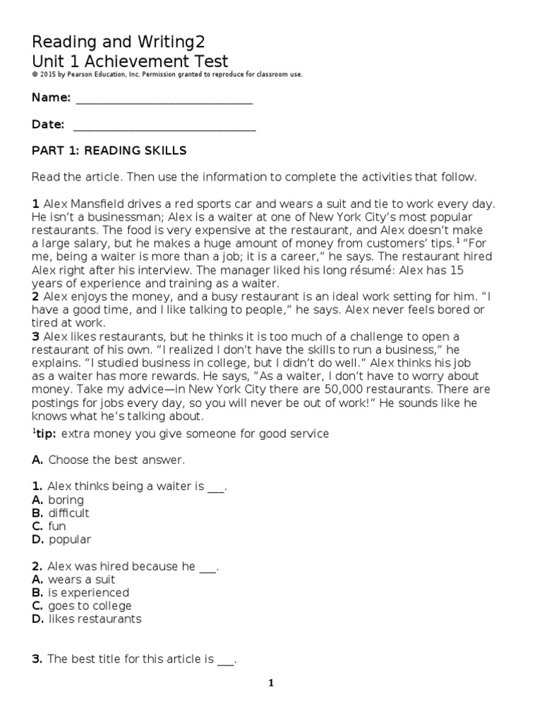 Achievement Test U1 Reading Vocab | PDF | Waiting Staff | Restaurant ...