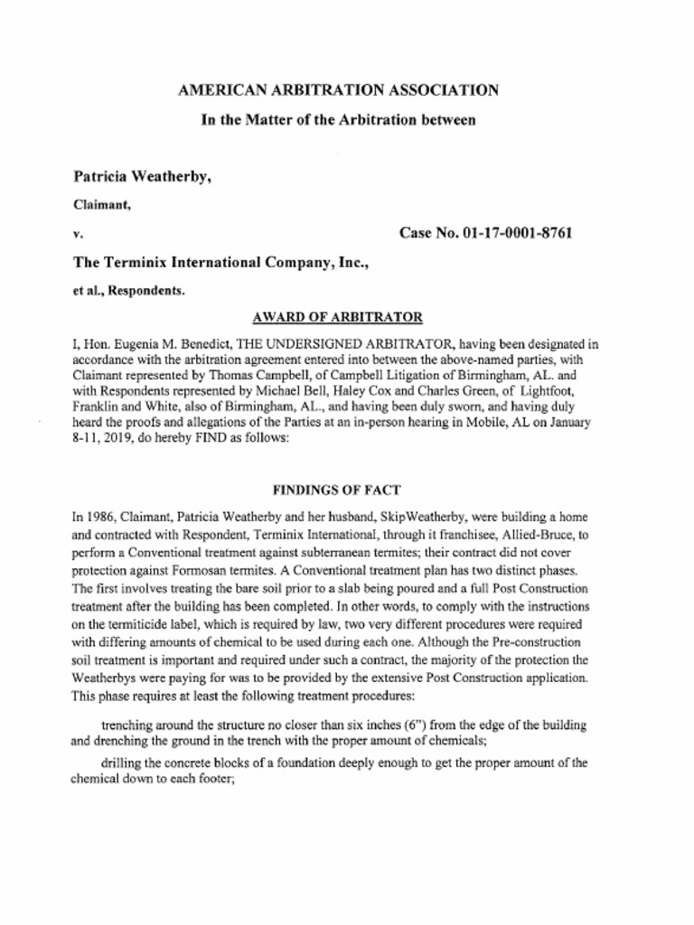 Patricia Weatherby V Terminix ArbitrationAward | PDF