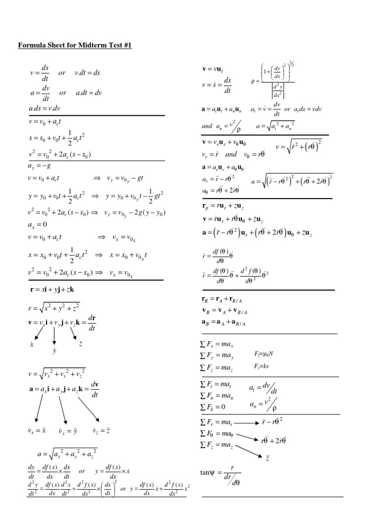 Midterm Test #1 Formula Sheet | PDF