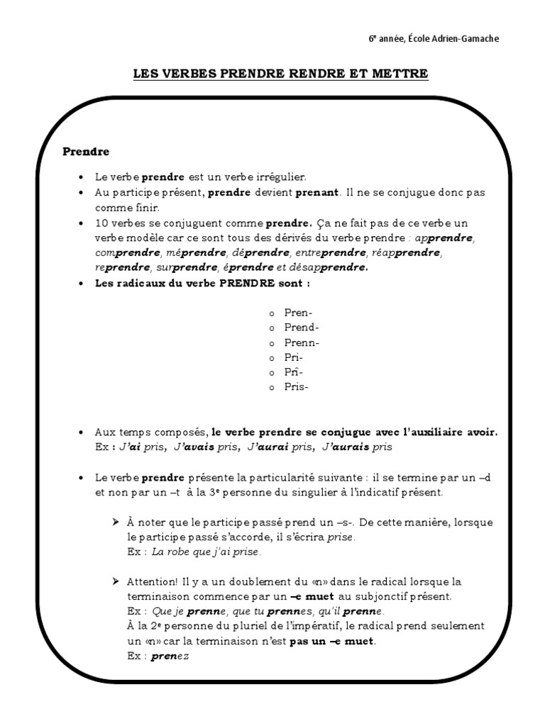 Passé Simple Du Verbe Prendre 28-Les Verbes Prendre Rendre Et Mettre-7p | PDF | Onomastique | Morphologie