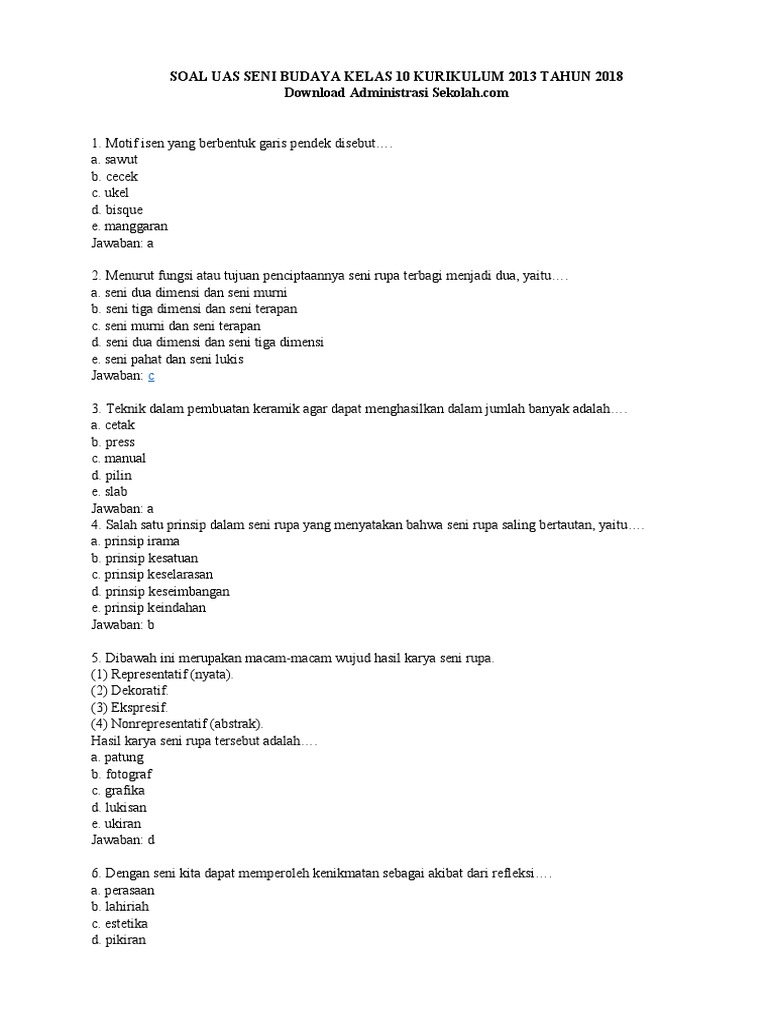 Soal Uas Seni Budaya Kelas 10