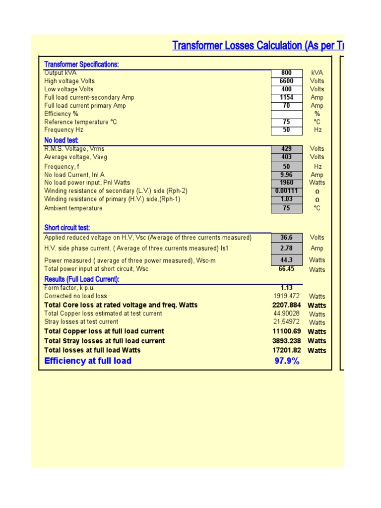 Transformer Losses Calcualation (As Per Test Result) (1.1.19) | PDF ...