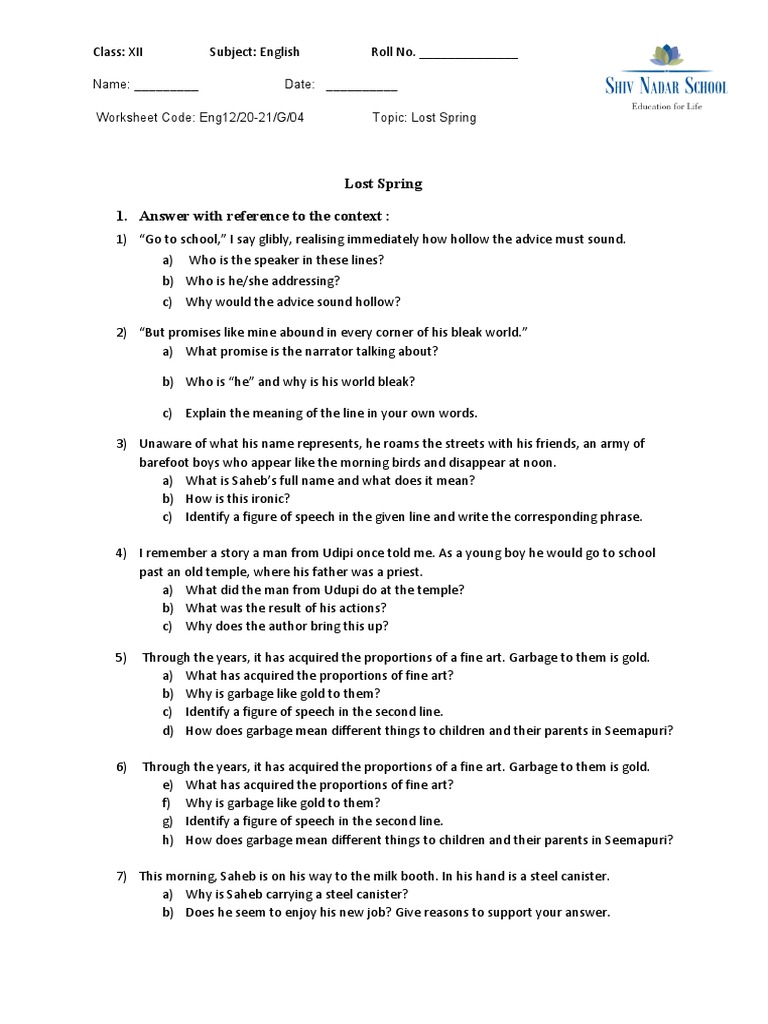 Lost Spring: Class 12 Worksheet | PDF