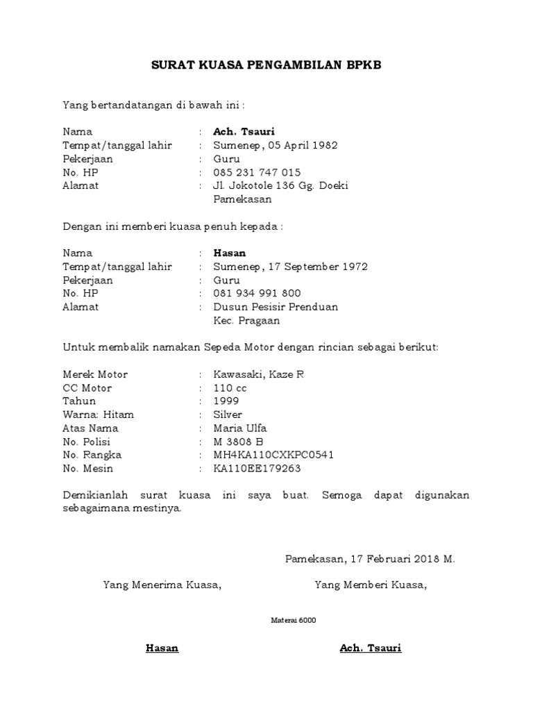 3 Contoh Surat Kuasa Pengambilan BPKB Terbaru Format MS Word | PDF