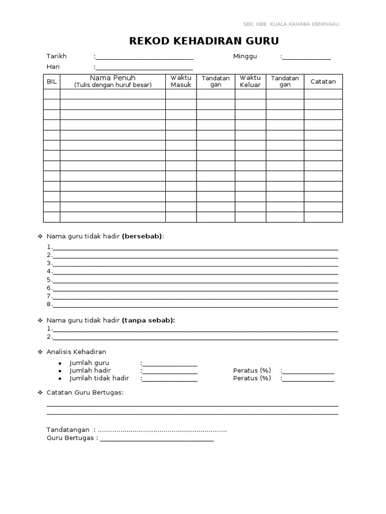 Contoh Borang Rekod Kehadiran Guru Pdf
