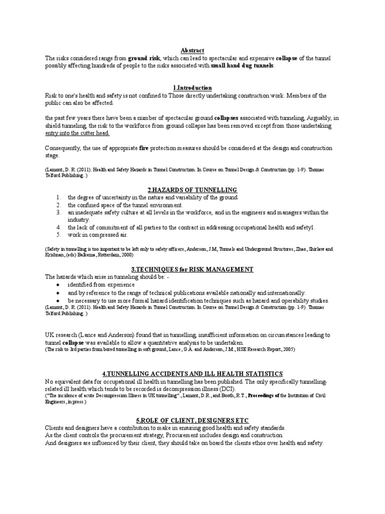 Health And Safety Hazards In Tunnel Construction Pdf Tunnel