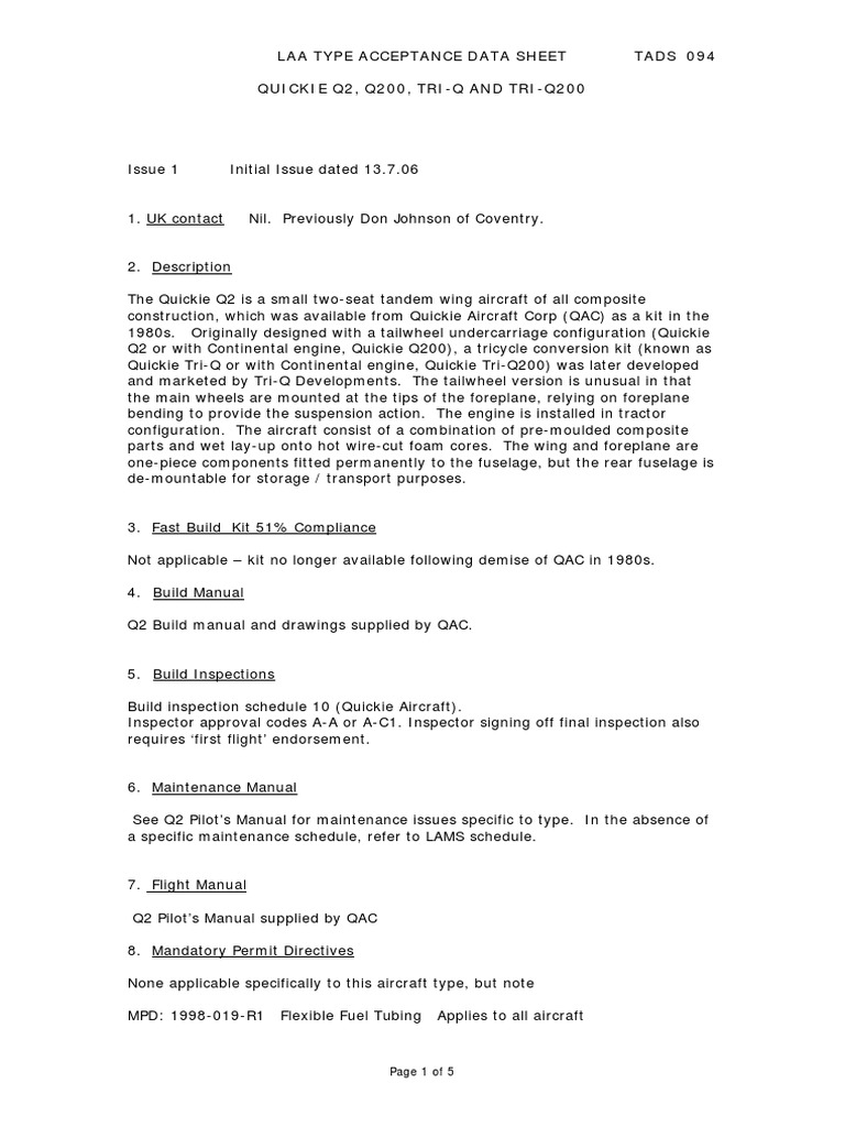 Quickie Q2, Q200, TriQ and TriQ200 Light Aircraft Technical