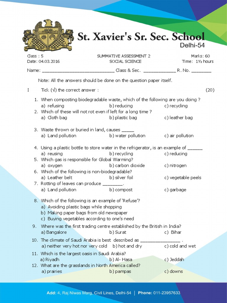 ICSE Class 5 Annual Exam Model Question Paper 1 SOCIAL STUDIES PDF