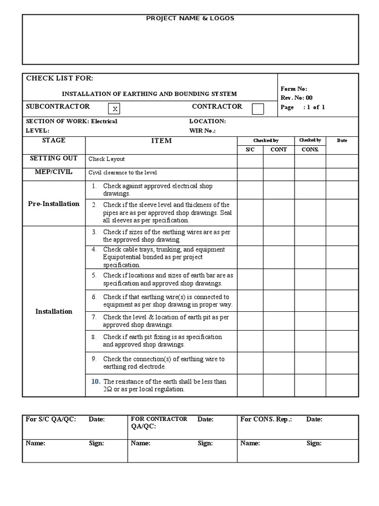 Checklist For Earthing & Bonding System Installation PDF