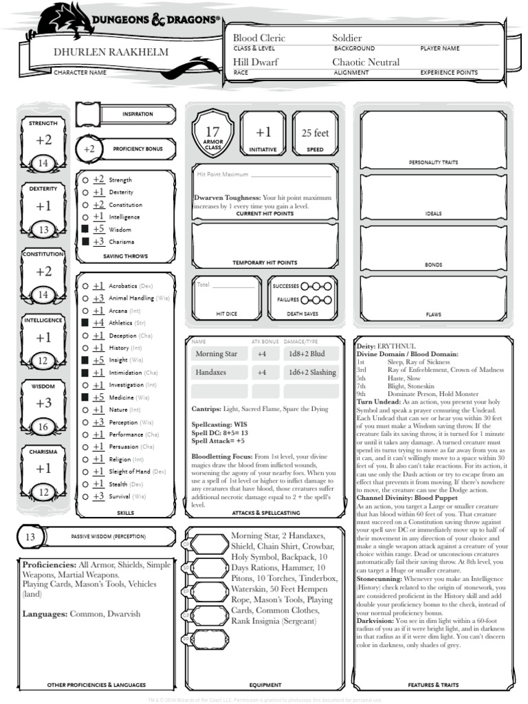 D&D 5e Character Dhurlen Raakhelm Hill Dwarf Blood Cleric LVL 2