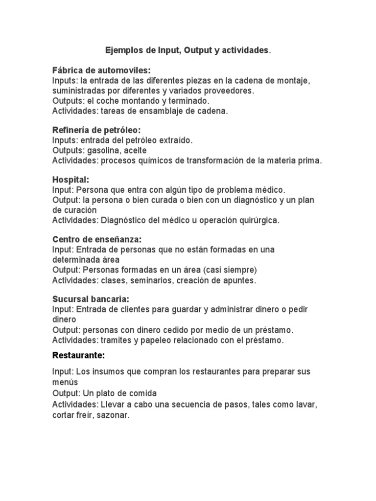 Ejemplos de Inputs y Outputs en Procesos | PDF