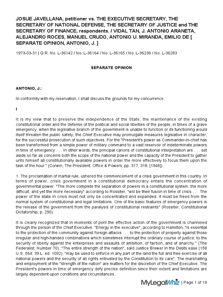 Javellana Vs The Executive Secretary Et Al SEPARATE OPINION ANTONIO J