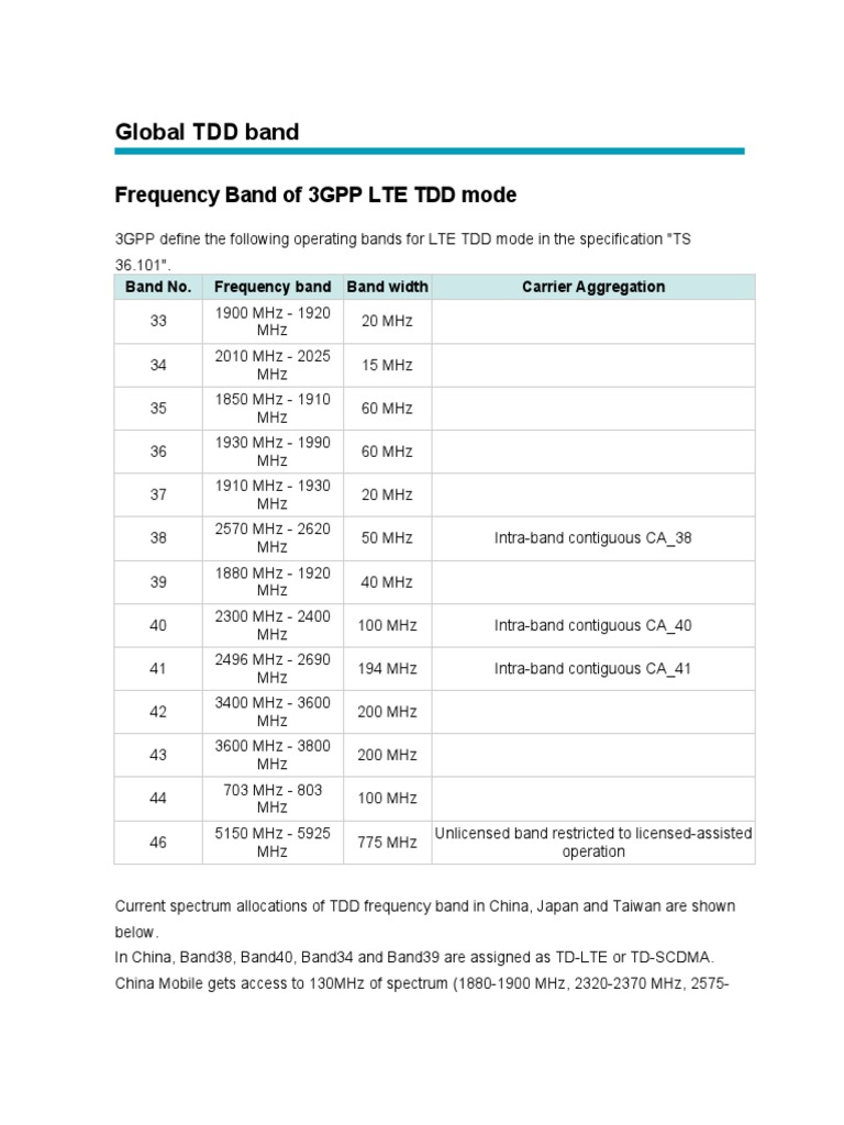 Global TDD Band | PDF | Lte (Telecommunication) | Telecommunications ...