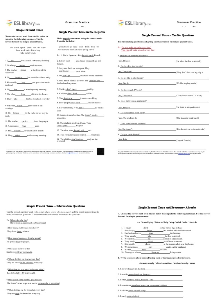Grammar Practice Worksheets - Simple Present - From | PDF | Grammatical  Tense | E Books