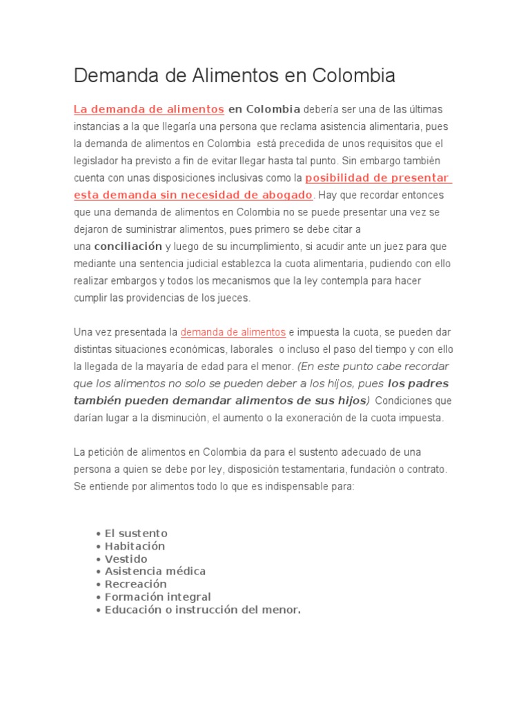 Demanda de Alimentos en Colombia PDF Divorcio Parentesco