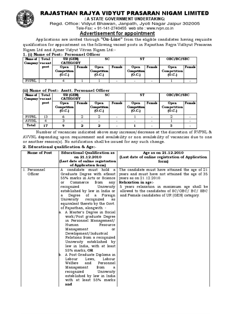 Rajasthan Rajya Vidyut Prasaran Nigam Limited: Advertisement For ...