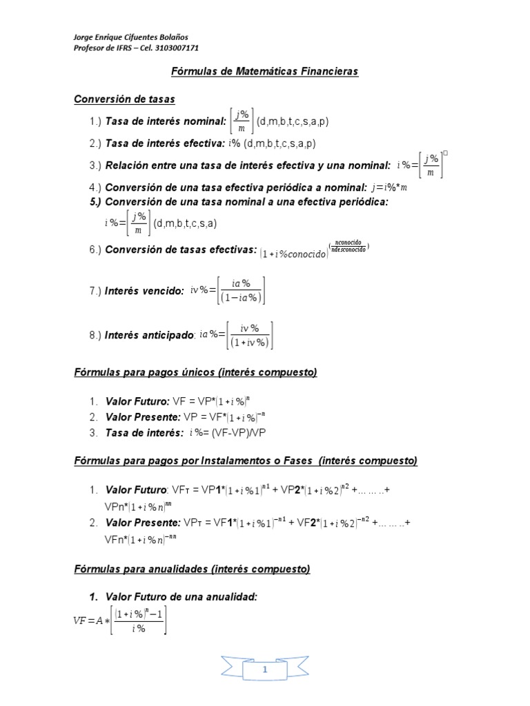 Fórmulas de Matemáticas Financieras | PDF | Valor presente neto ...