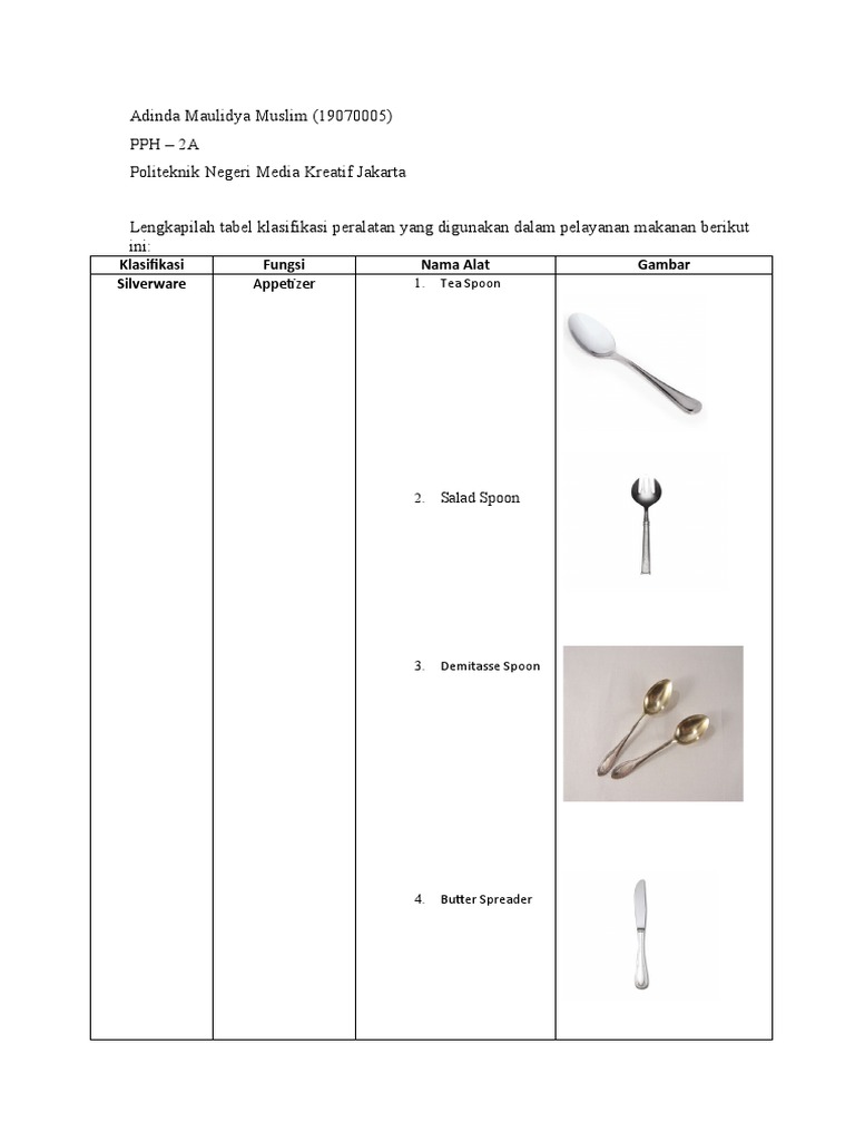 Classification and Functions of Tableware Used in Food Service PDF