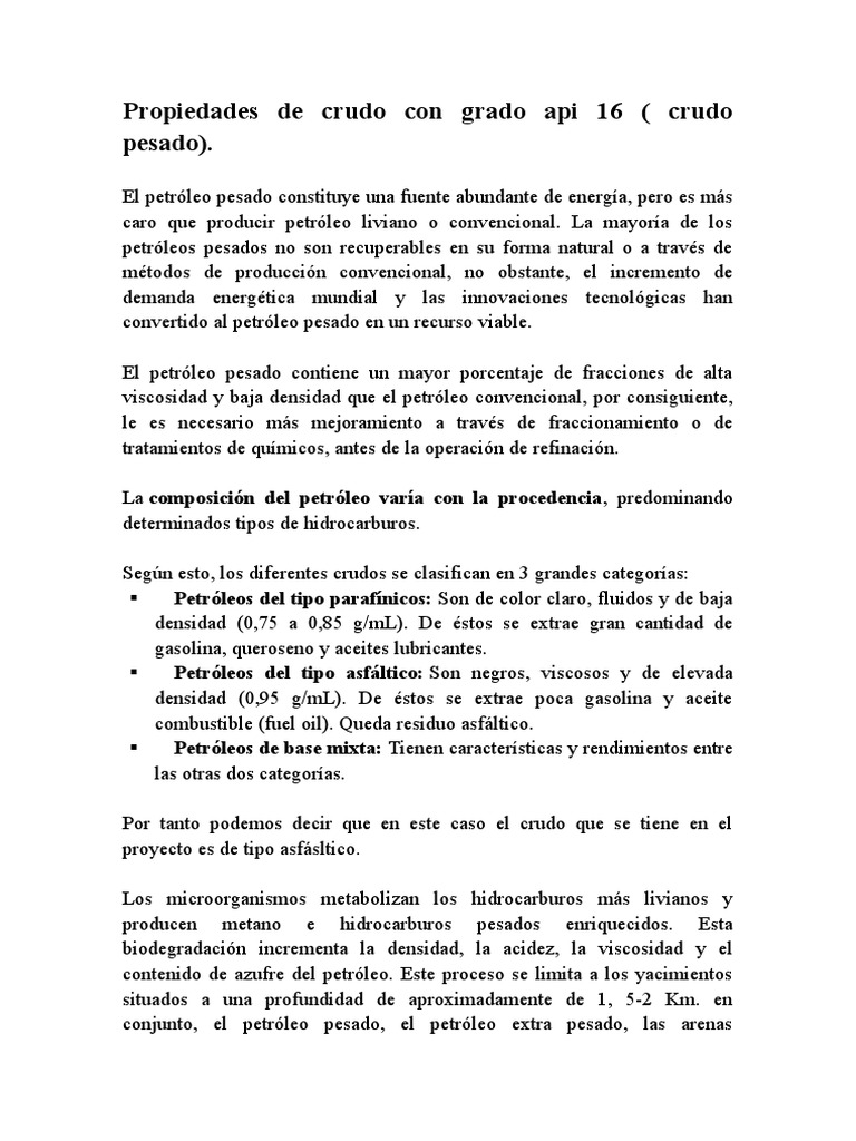 Propiedades de Crudo Con Grado Api 16 | PDF | Hidrocarburos | Petróleo