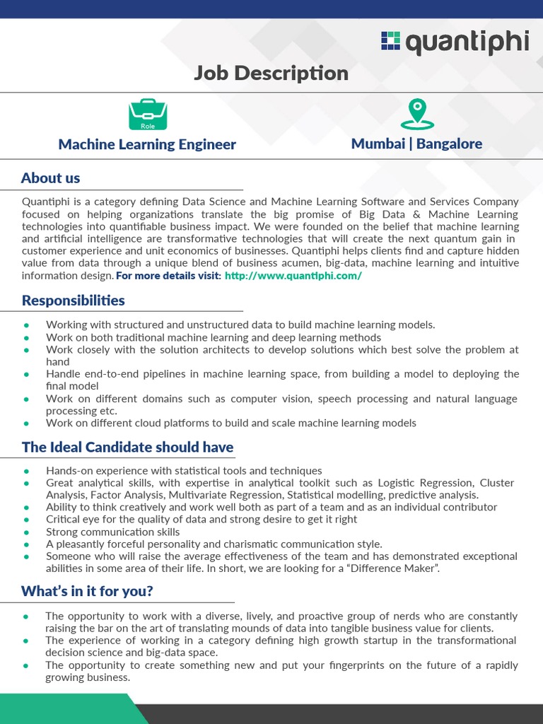 Machine Learning Engineer Role at Quantiphi | PDF | Machine Learning ...