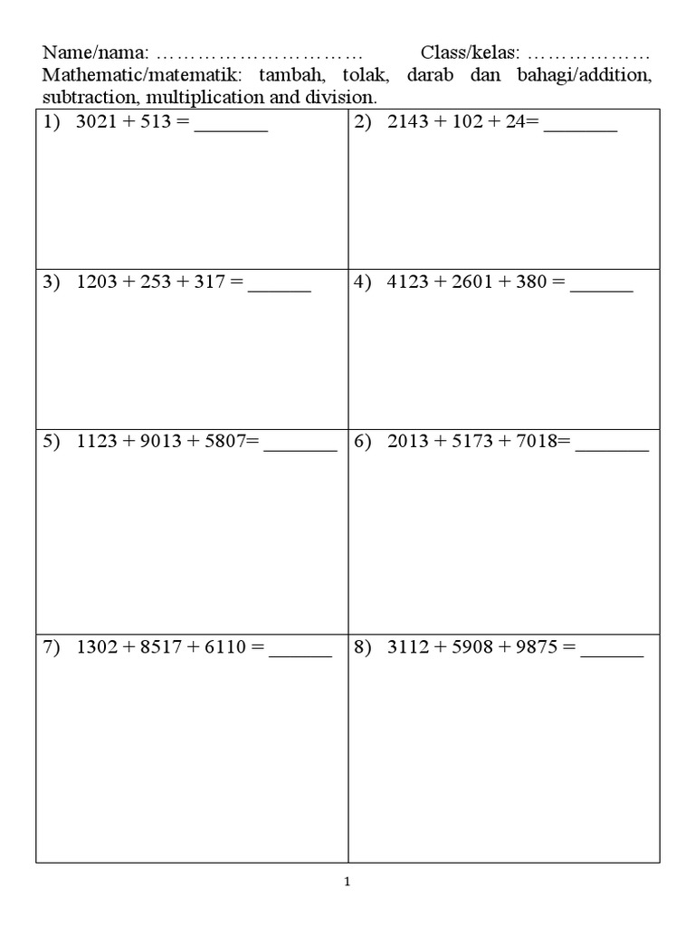 Latihan Tambah Tolak Darab Dan Bahagi Cuti Rmo 2020 Pdf Pdf Number Theory Numbers
