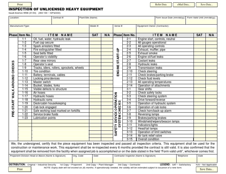 Heavy Equipment Inspection Checklist | PDF | Vehicles | Vehicle Technology