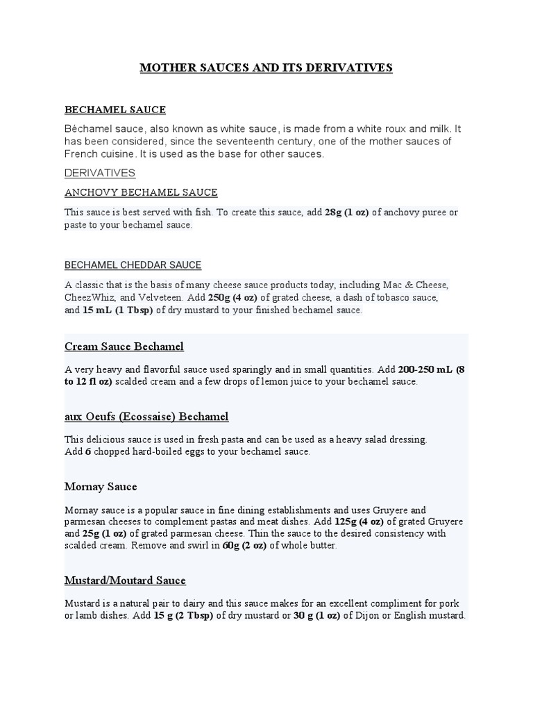 Mother Sauces and Its Derivatives PDF Sauce Mayonnaise