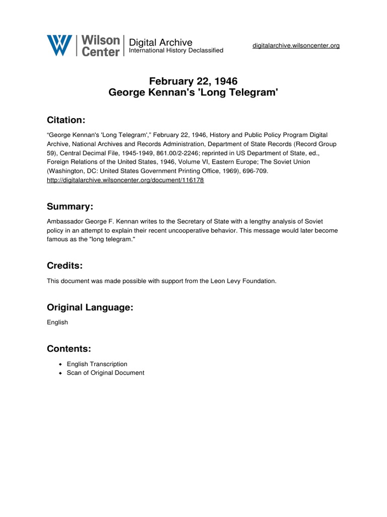 George Kennan's 1946 Long Telegram | PDF | Soviet Union | World Politics