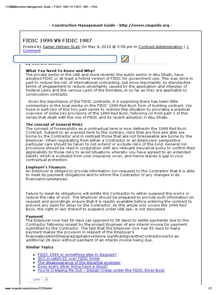 Construction Management Guide FIDIC 1999 VS FIDIC 1987 Print PDF | PDF ...