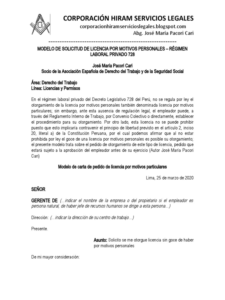 Modelo Carta Licencia Motivos Personales Régimen Laboral 728 - Autor José  María Pacori Cari | PDF | Corporaciones | Derecho laboral