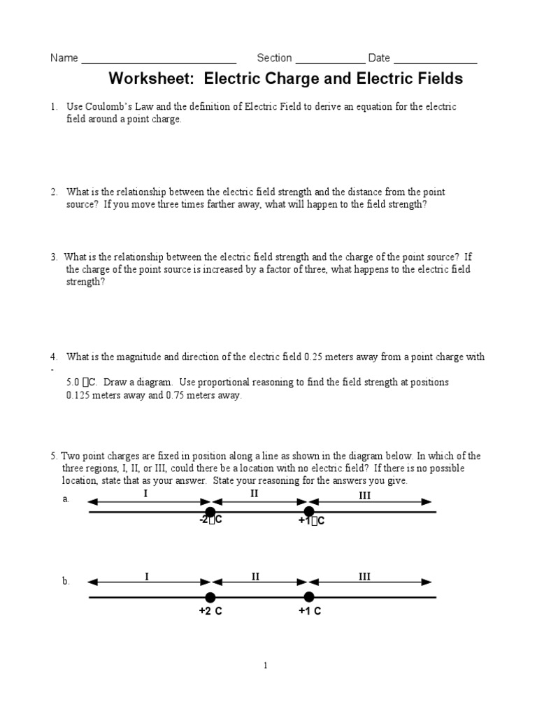 Worksheet Electric Field Force