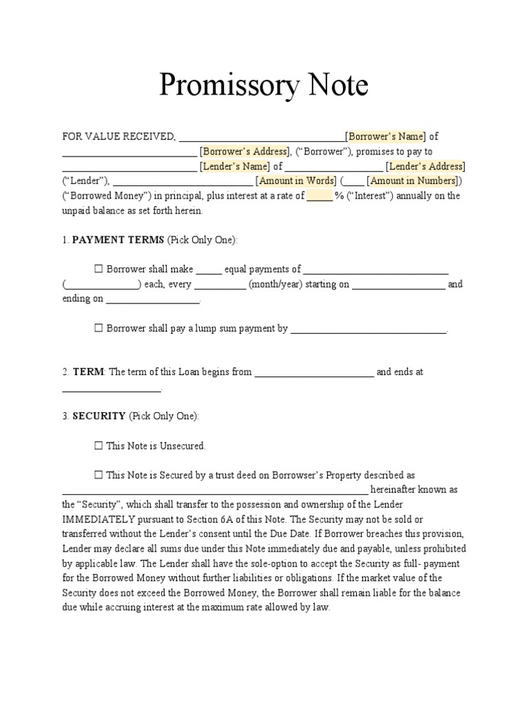 Promissory Note Template  PDF  Loans  Interest Throughout Loan Promissory Note Template