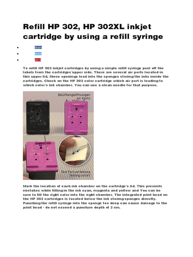 A Step-by-Step Guide to Refilling HP 302 and HP 302XL Inkjet Cartridges  Using a Refill Syringe, PDF, Ink