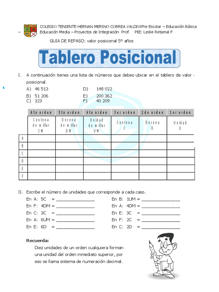 Guía de Valor Posicional 5º Básico | PDF | Codificaciones | Convenciones de  nombres, image size:768x1024